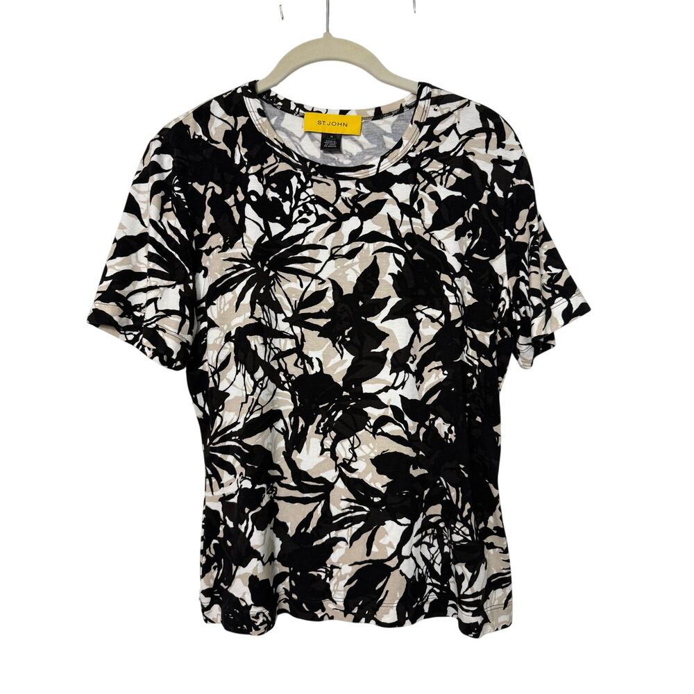 St. John Black White Tan Floral Short Sleeve Top Sz Med